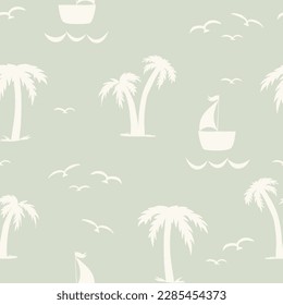 Seamless nautical pattern with silhouettes of palm trees and sailboats on the sea. Repeating summer background. Color vector illustration