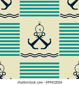 Seamless nautical pattern with strips, waves, crossed anchors and compasses. Marine theme vector print in retro color palette