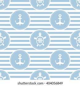 Seamless nautical pattern with turtles and anchors, striped background