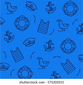Seamless nautical pattern, vector background with line lifebuoy, anchor, seagull, captain cap on the navy blue background