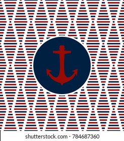 Seamless nautical pattern vector background design with diamond looking shapes made from rectangle and squares and red anchor in navy blue circle colorful art