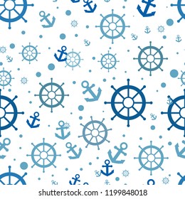 Seamless nautical pattern with white anchors and ship wheels.eps 10.