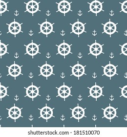 Seamless nautical pattern with white anchors and ship wheels