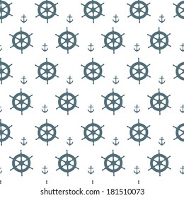 Seamless nautical pattern with white anchors and ship wheels