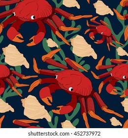 Seamless nautical pattern.Colorful vector print with crabs and shells.Textile texture
