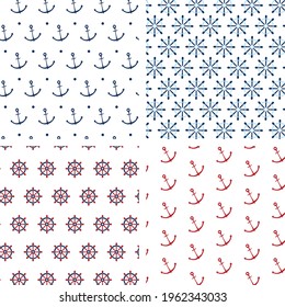 Seamless nautical patterns set. Design elements for wallpaper, invitation, birthday card, scrapbooking, fabric, children textile. Backgrounds with anchors and ship wheels. Vector illustration.