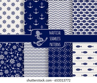 Seamless nautical patterns set. Design elements for wallpaper, baby shower invitation, birthday card, scrapbooking, fabric. Backgrounds with anchors, ship wheels, fish and waves. Vector illustration.