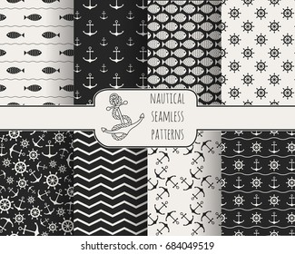 Seamless nautical patterns set. Design elements for wallpaper, baby shower invitation, birthday card, scrapbooking, fabric. Backgrounds with anchors, ship wheels, fish and waves. Vector illustration.