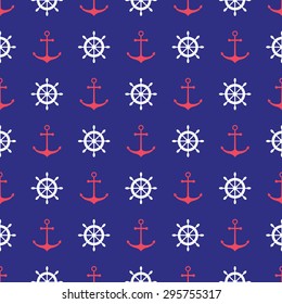 Seamless nautical patterns set with ship wheels and anchors.  Design element for wallpapers, baby shower invitation, birthday card, scrap booking, fabric print etc.