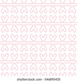 Seamless nautical romantic rope pattern. Endless ornament with pink hearts on white backdrop. Valentines day or wedding maritime style background. For fabric, wrapping, packaging paper
