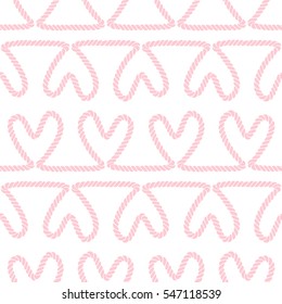 Seamless nautical romantic rope pattern. Endless ornament with pink hearts on white backdrop. Valentines day or wedding maritime style background. For fabric, wrapping, packaging paper