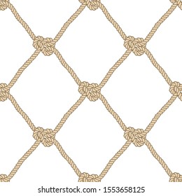 Seamless nautical rope knot pattern. Endless navy illustration with white fishing net ornament and marine knots on dark blue backdrop. Trendy maritime style background. For fabric, wallpaper, wrapping