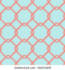 Seamless nautical rope knot pattern. Endless navy illustration with red fishing net ornament and twisted cord on blue backdrop. Trendy maritime style background. For fabric, wallpaper, wrapping.