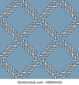 Seamless nautical rope knot pattern. Endless navy illustration with white fishing net ornament on blue backdrop. Trendy maritime style background. For fabric, wallpaper, wrapping