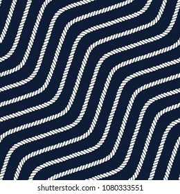 Seamless nautical rope pattern. Endless navy illustration with white cord ornament. Marine wavy lines on dark blue backdrop. Trendy maritime style background. For fabric, wallpaper, wrapping