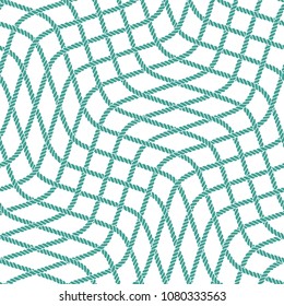 Seamless nautical rope pattern. Endless navy illustration with green net ornament. Checkered cords on white backdrop. Trendy maritime style background. For fabric, wallpaper, wrapping