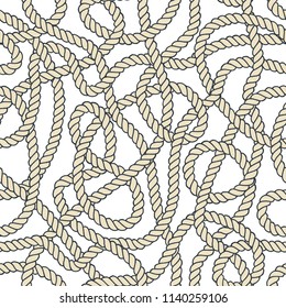 Seamless nautical rope pattern. Endless navy illustration with light cords ornament. Marine entangled loops on white backdrop. Trendy maritime style background. For fabric, wallpaper, wrapping