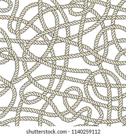 Seamless nautical rope pattern. Endless navy illustration with light cords ornament. Marine entangled loops on white backdrop. Trendy maritime style background. For fabric, wallpaper, wrapping