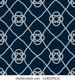 Seamless nautical rope pattern. Endless navy illustration with light cords ornament. Marine ornate fishing net on dark blue backdrop. Trendy maritime style background. For fabric, wallpaper, wrapping
