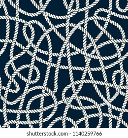 Seamless nautical rope pattern. Endless navy illustration with light cords ornament. Marine entangled loops on dark blue backdrop. Trendy maritime style background. For fabric, wallpaper, wrapping