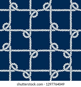 Seamless nautical rope pattern. Endless navy illustration with white loop ornament. Decorative geometric lines on dark blue backdrop. Trendy nautic maritime style. For fabric, wallpaper, wrapping