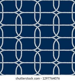 Seamless nautical rope pattern. Endless navy illustration with white loop ornament. Decorative geometric lines on dark blue backdrop. Trendy nautic maritime style. For fabric, wallpaper, wrapping