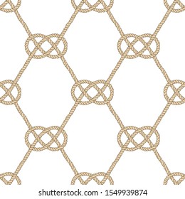 Seamless nautical rope pattern. Endless navy illustration with beige loop ornament. Marine Carrick Bend knots isolated on white. Trendy maritime style background. For fabric, wallpaper, wrapping