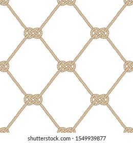 Seamless nautical rope pattern. Endless navy illustration with beige loop ornament. Marine Carrick Bend knots isolated on white. Trendy maritime style background. For fabric, wallpaper, wrapping
