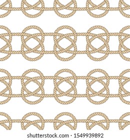 Seamless nautical rope pattern. Endless navy illustration with white loop ornament. Marine Carrick Bend knots on dark blue backdrop. Trendy maritime style background. For fabric, wallpaper, wrapping