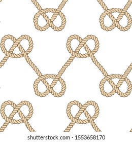 Seamless nautical rope pattern. Endless navy illustration with white loop ornament, overhand marine knots on dark blue backdrop. Trendy maritime style background. For fabric, wallpaper, wrapping