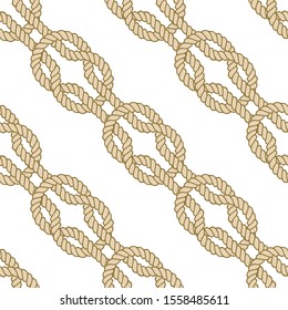 Seamless nautical rope pattern. Endless navy illustration with beige loop ornament. Marine square knots on white backdrop. Trendy maritime style background. For fabric, wallpaper, wrapping