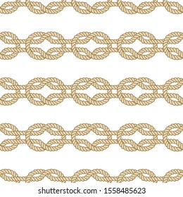 Seamless nautical rope pattern. Endless navy illustration with beige loop ornament. Marine square knots on white backdrop. Trendy maritime style background. For fabric, wallpaper, wrapping