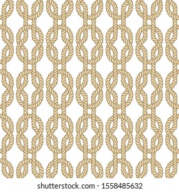 Seamless nautical rope pattern. Endless navy illustration with beige loop ornament. Marine square knots on white backdrop. Trendy maritime style background. For fabric, wallpaper, wrapping