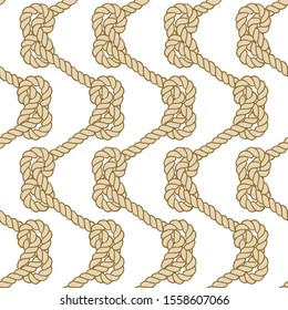 Seamless nautical rope pattern. Endless navy illustration with beige loop ornament. Marine figure eight knots on white backdrop. Trendy maritime style background. For fabric, wallpaper, wrapping