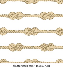 Seamless nautical rope pattern. Endless navy illustration with beige loop ornament. Marine figure eight knots on white backdrop. Trendy maritime style background. For fabric, wallpaper, wrapping