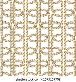 Seamless nautical rope pattern. Endless navy illustration with beige loop ornament. Decorative geometric lines isolated on white backdrop. Trendy nautic maritime style. For fabric, wallpaper, wrapping