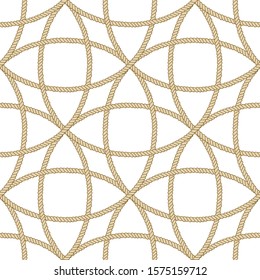 Seamless nautical rope pattern. Endless navy illustration with beige loop ornament. Decorative geometric lines isolated on white backdrop. Trendy nautic maritime style. For fabric, wallpaper, wrapping