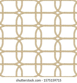 Seamless nautical rope pattern. Endless navy illustration with beige loop ornament. Decorative geometric lines isolated on white backdrop. Trendy nautic maritime style. For fabric, wallpaper, wrapping