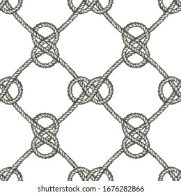 Seamless nautical rope pattern. Endless navy illustration with white loop ornament. Marine Carrick Bend knots isolated on white. Trendy maritime style background. 