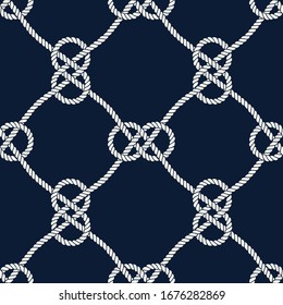 Seamless nautical rope pattern. Endless navy illustration with white loop ornament. Marine Carrick Bend knots on dark blue backdrop. Trendy maritime style background. 