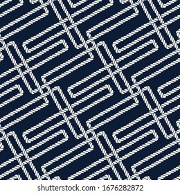 Seamless nautical rope pattern. Endless navy illustration with white loop ornament. Geometric marine knots on dark blue backdrop. Trendy maritime style background.  