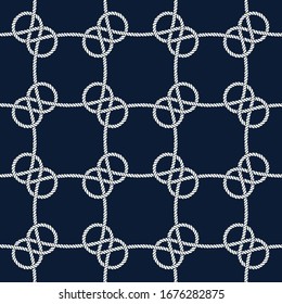 Seamless nautical rope pattern. Endless navy illustration with white loop ornament. Marine Carrick Bend knots on dark blue backdrop. Trendy maritime style background. 