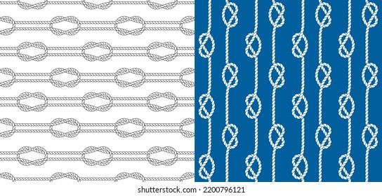 Seamless nautical rope pattern. Endless navy illustration with white loop ornament. Marine Carrick Bend knots on dark blue backdrop. Trendy maritime style background. For fabric, wallpaper, wrapping