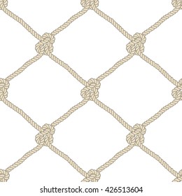 Seamless nautical rope pattern. Endless navy illustration with beige fishing net ornament and marine knots on white backdrop. Trendy maritime style background. For fabric, wallpaper, wrapping.