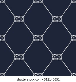 Seamless nautical rope pattern. Endless navy illustration with white loop ornament. Marine square knots on dark blue backdrop. Trendy maritime style background. For fabric, wallpaper, wrapping