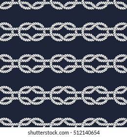 Seamless nautical rope pattern. Endless navy illustration with white loop ornament. Marine square knots on dark blue backdrop. Trendy maritime style background. For fabric, wallpaper, wrapping