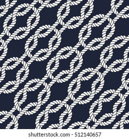 Seamless nautical rope pattern. Endless navy illustration with white loop ornament. Marine square knots on dark blue backdrop. Trendy maritime style background. For fabric, wallpaper, wrapping