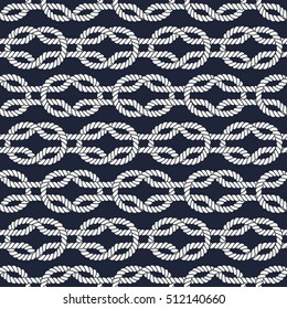 Seamless nautical rope pattern. Endless navy illustration with white loop ornament. Marine square knots on dark blue backdrop. Trendy maritime style background. For fabric, wallpaper, wrapping