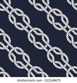 Seamless nautical rope pattern. Endless navy illustration with white loop ornament. Marine square knots on dark blue backdrop. Trendy maritime style background. For fabric, wallpaper, wrapping