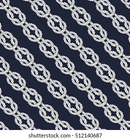 Seamless nautical rope pattern. Endless navy illustration with white loop ornament. Marine square knots on dark blue backdrop. Trendy maritime style background. For fabric, wallpaper, wrapping